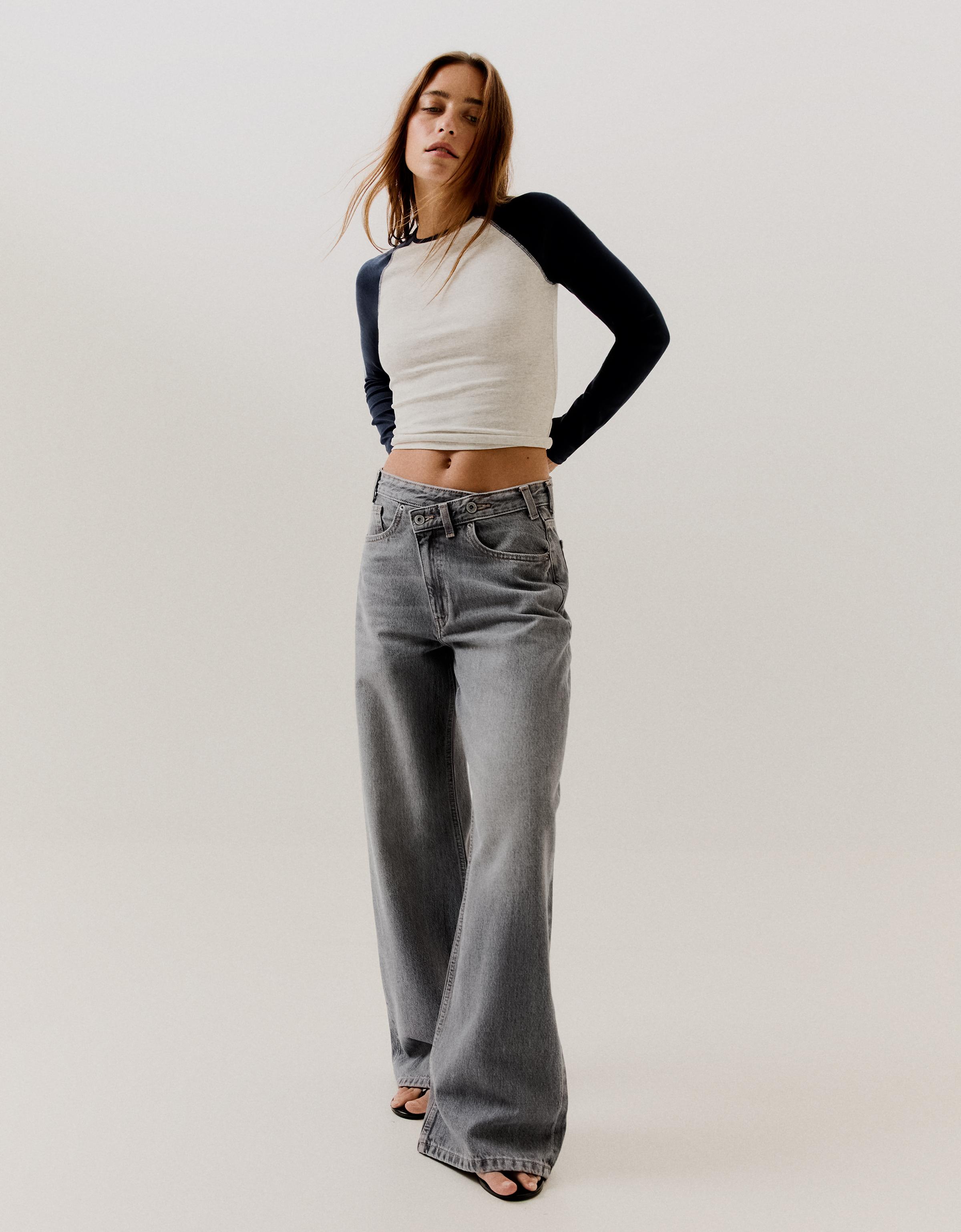 Bershka Jeans Wide Cintura Cruzada Mujer Gris