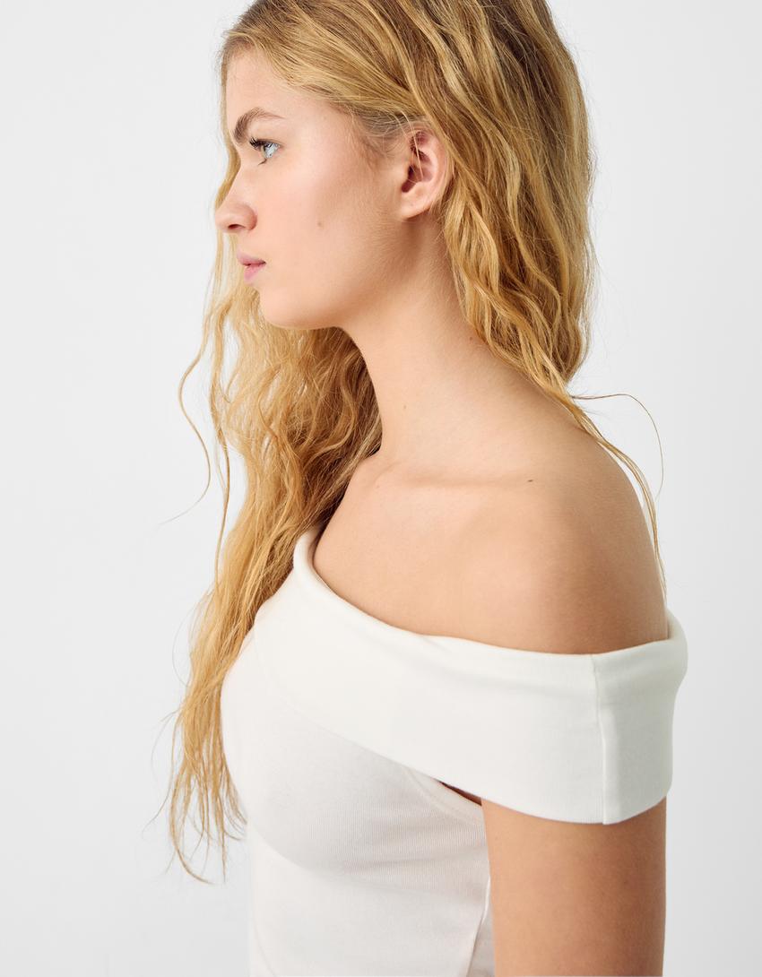 T-shirt manches courtes col Bardot-Blanc cassé-5