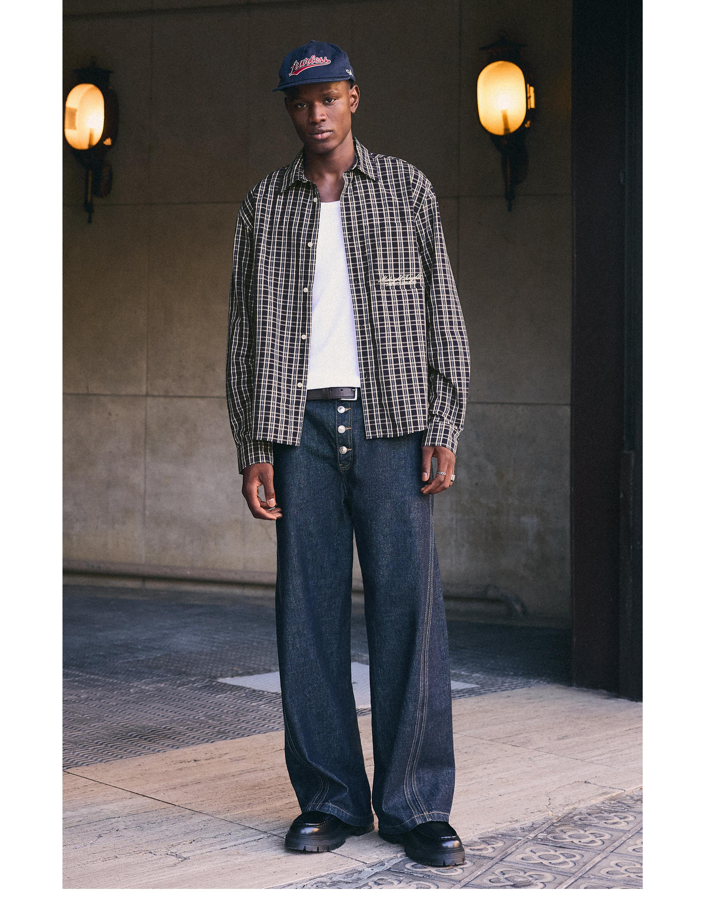 Long sleeve embroidered check shirt — Navy