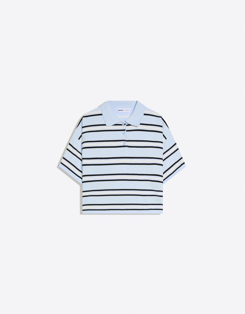 Çizgili polo kazak-Mavi