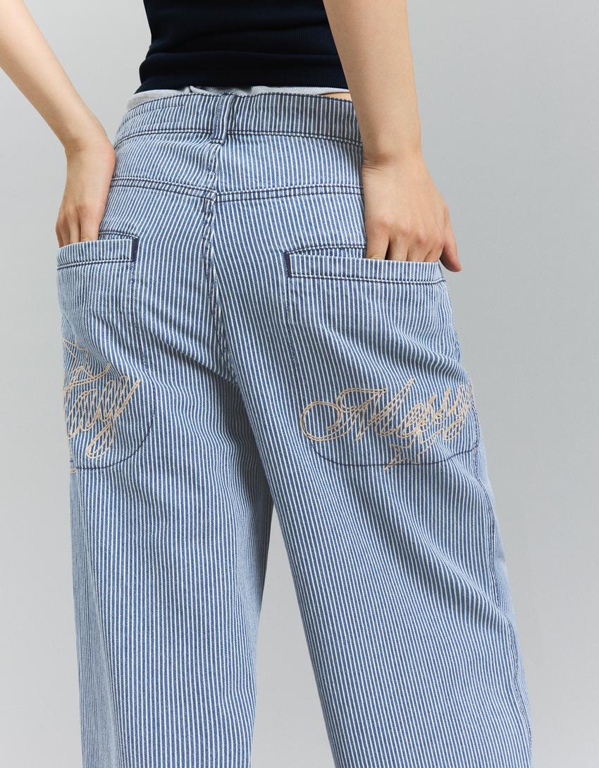 Düşük bel çizgili süper geniş paça jean-Mavi