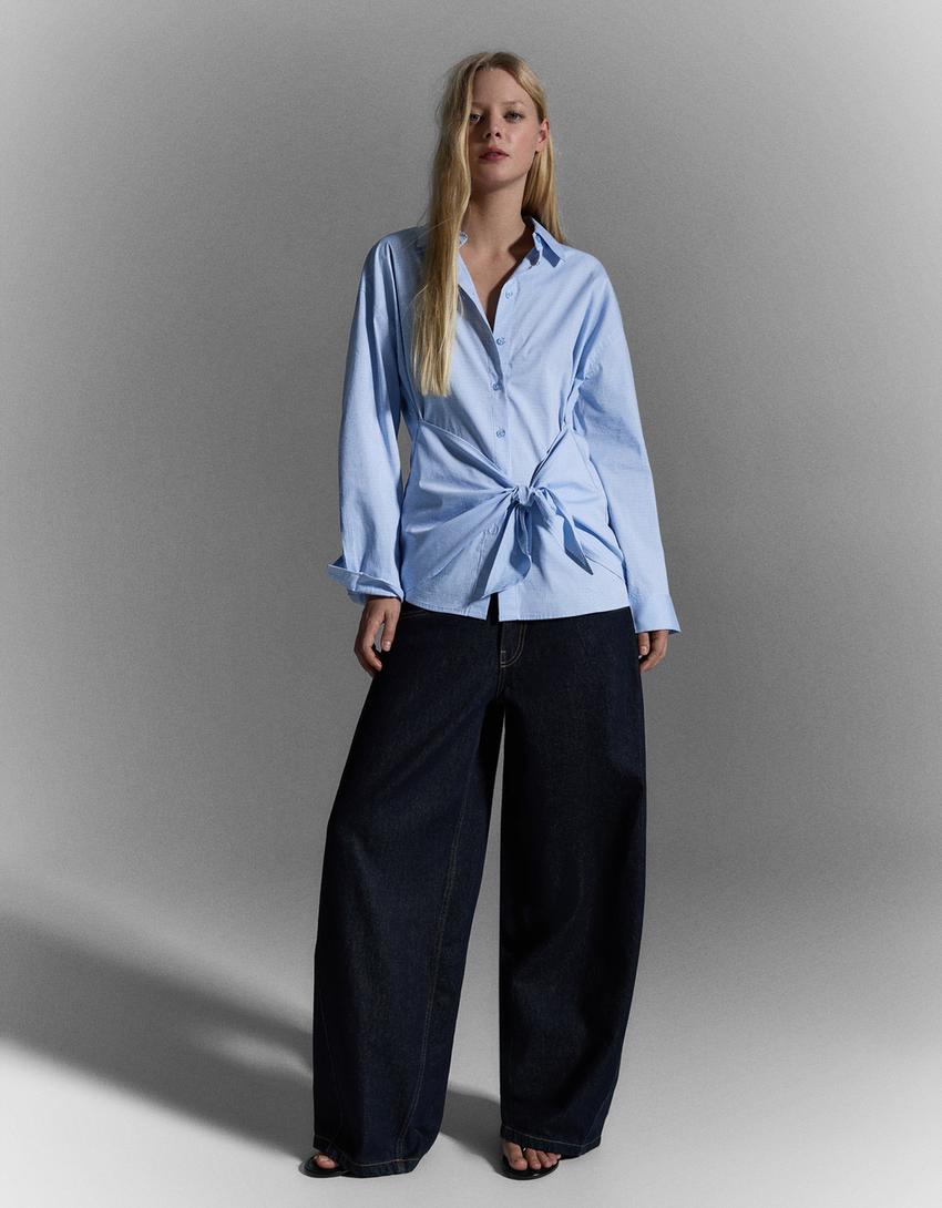 Poplin oversize bağcıklı gömlek-Mavi