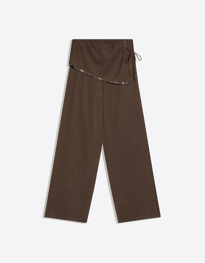 Celana panjang kaki lebar detail rok payet-Cokelat