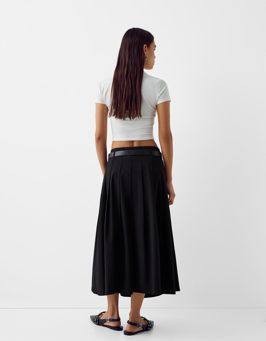 Tailored fit box pleat midi skirt with belt and split-Black-2