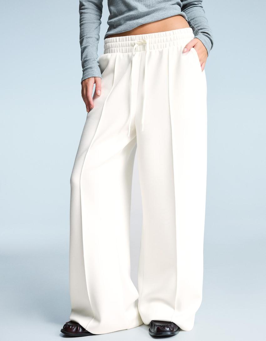 Yumuşak wide leg pantolon-Krem