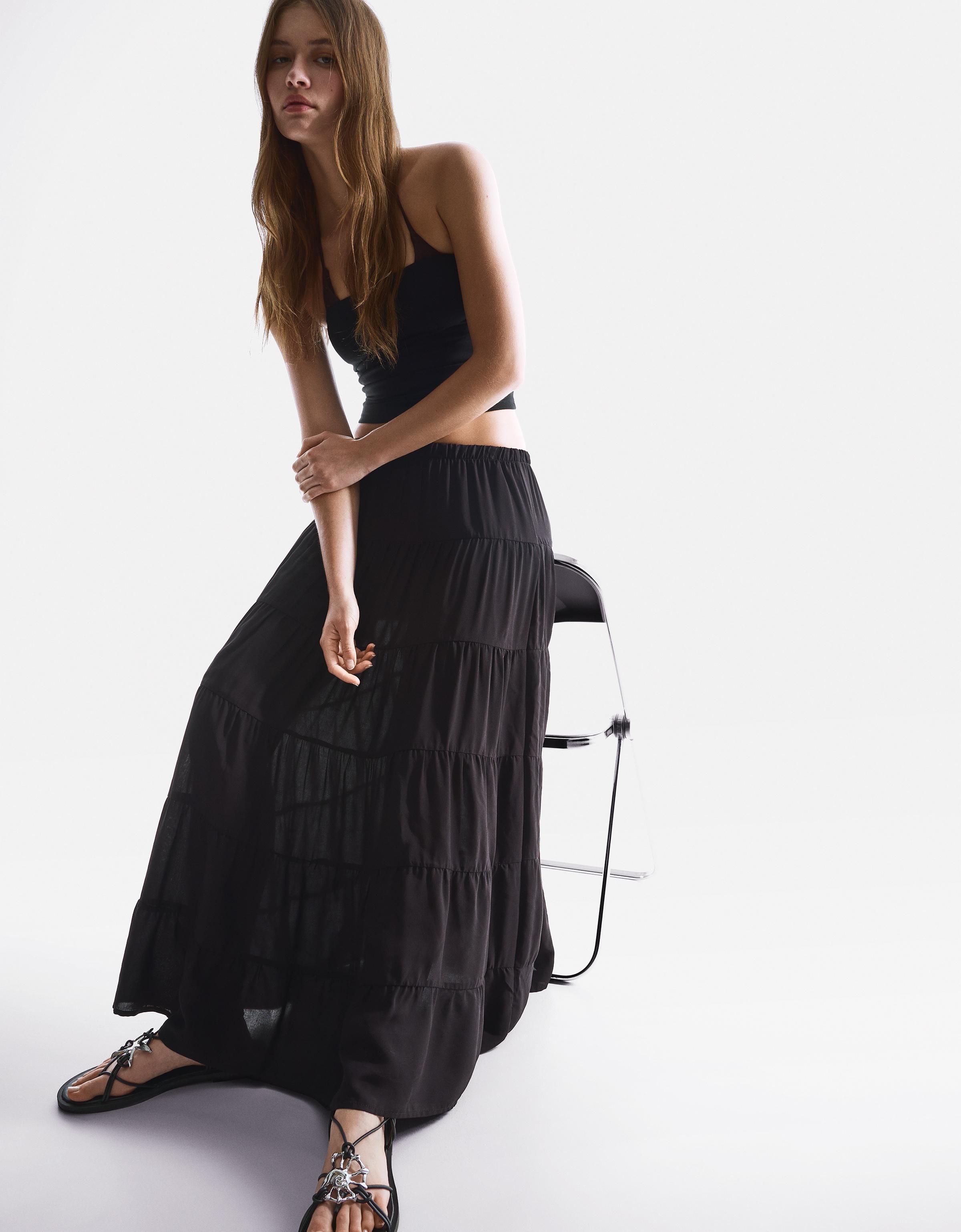 Bershka Rustikaler Midirock Damen L Schwarz