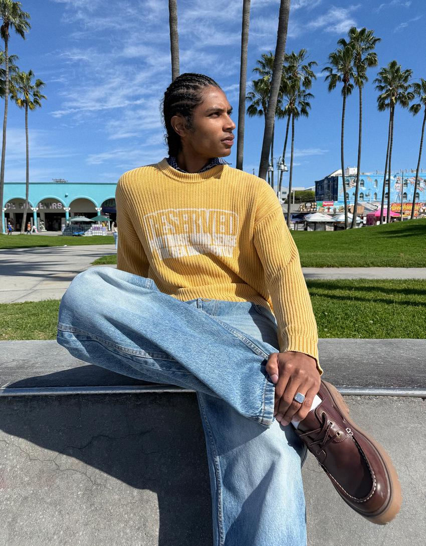 Printed boxy fit crew neck sweater-Yellow