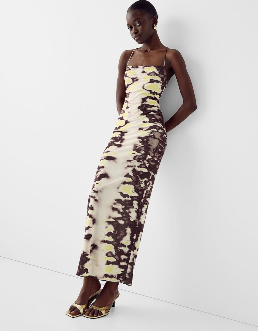 فستان متوسط الطول بحمالات وطبعة حيوانية-أخضر ليمي-3