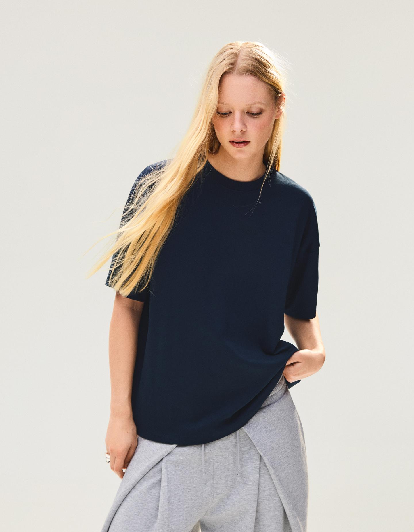 Bershka Camiseta Manga Corta Oversize Mujer Marino