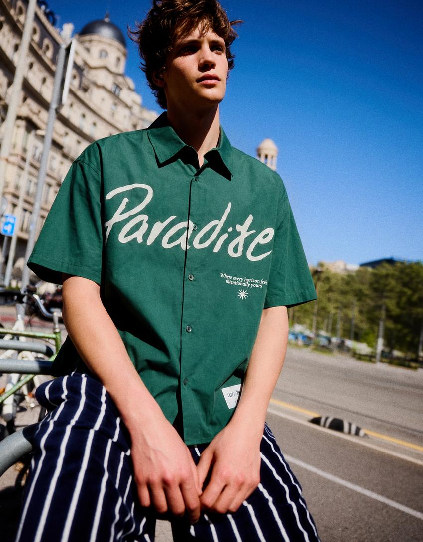 Chemise oversize imprimée à manches courtes-Vert