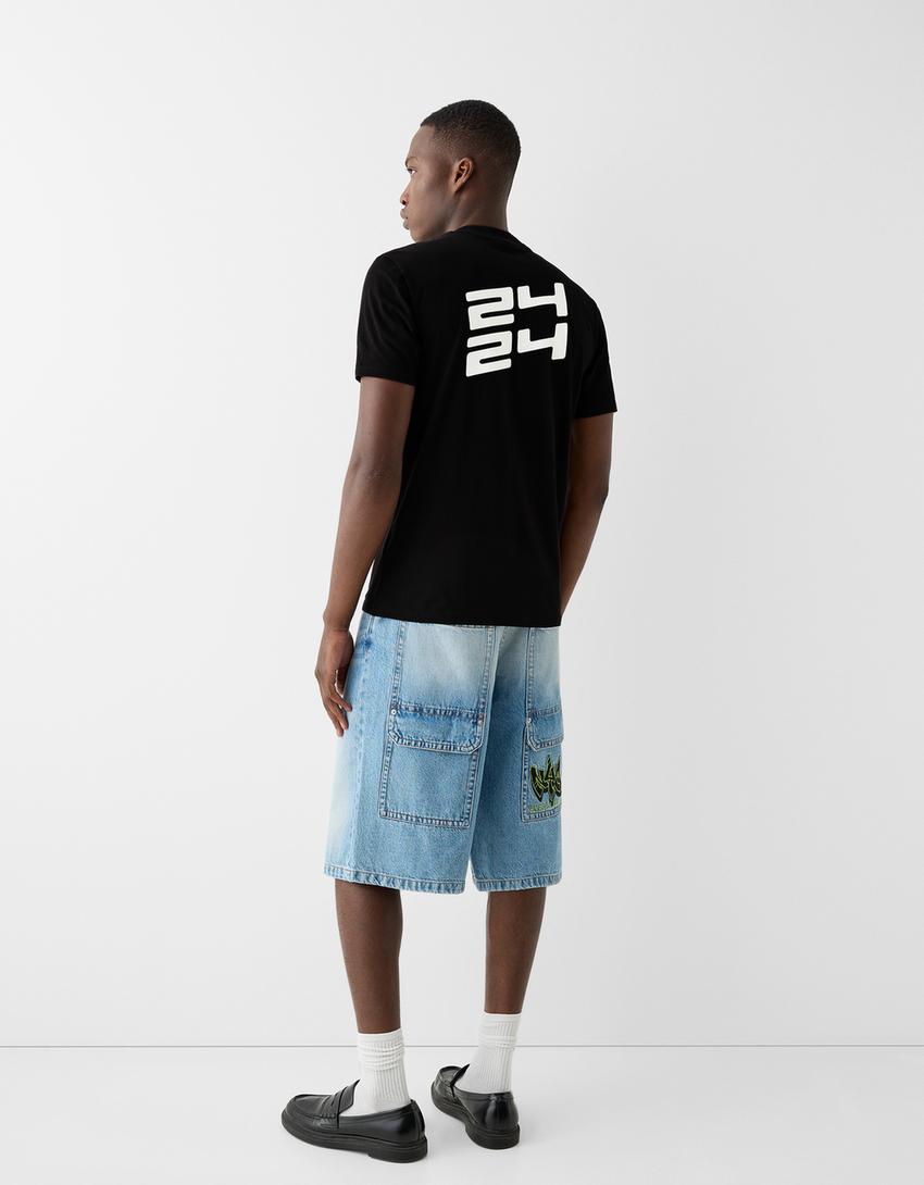 T-shirt manches courtes slim imprimé-Noir-1