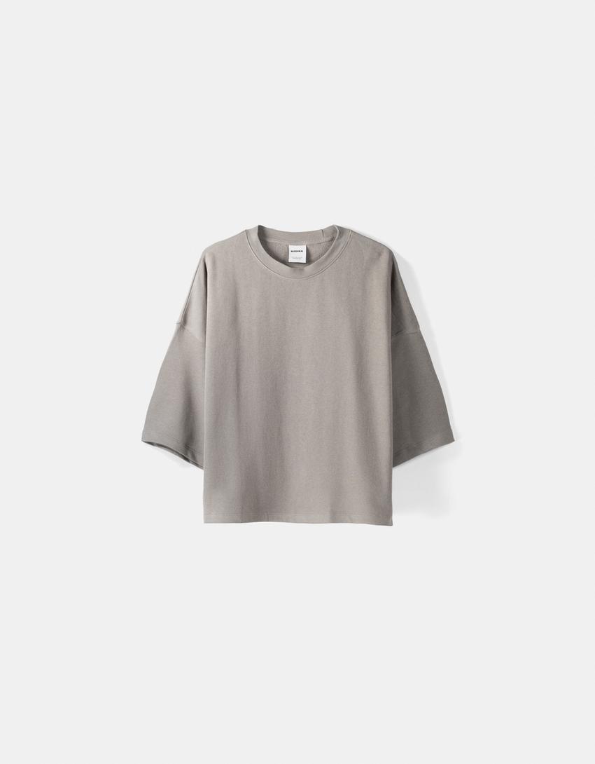 Short sleeve cropped plush T-shirt-Grey-4