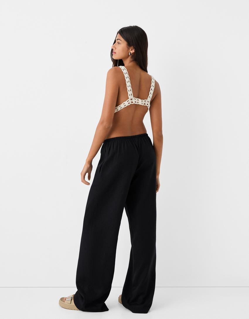 Calças direitas com linho cintura elástica-Preto-2