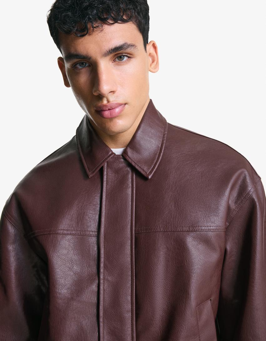 Leather effect boxy fit jacket-Burgundy-5