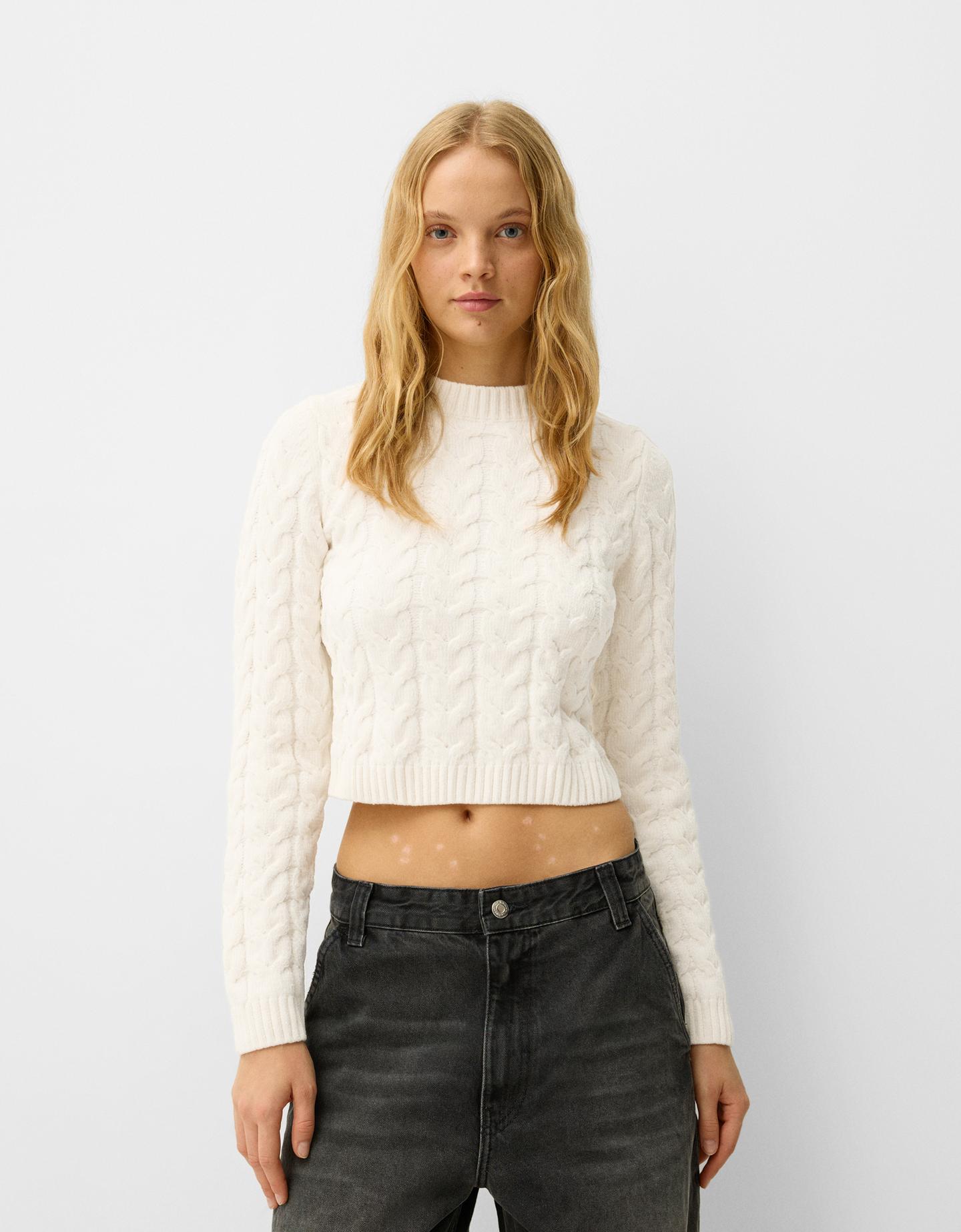 Bershka Chenille-Pullover Mit Flechtmuster Damen S Rohweiß günstig online kaufen