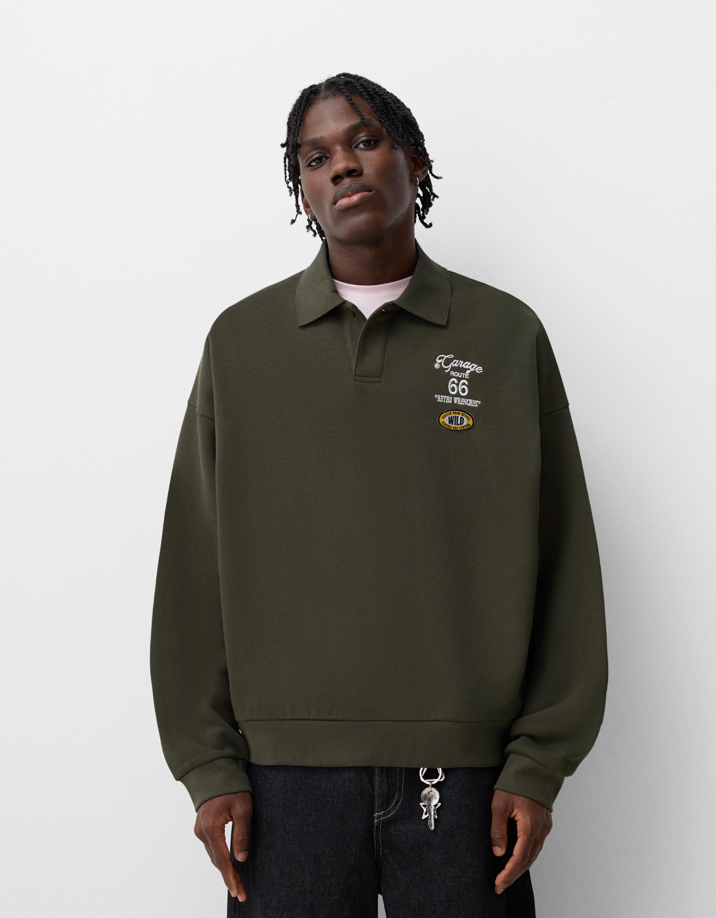 Embroidered plush sweatshirt with a polo collar Men Bershka