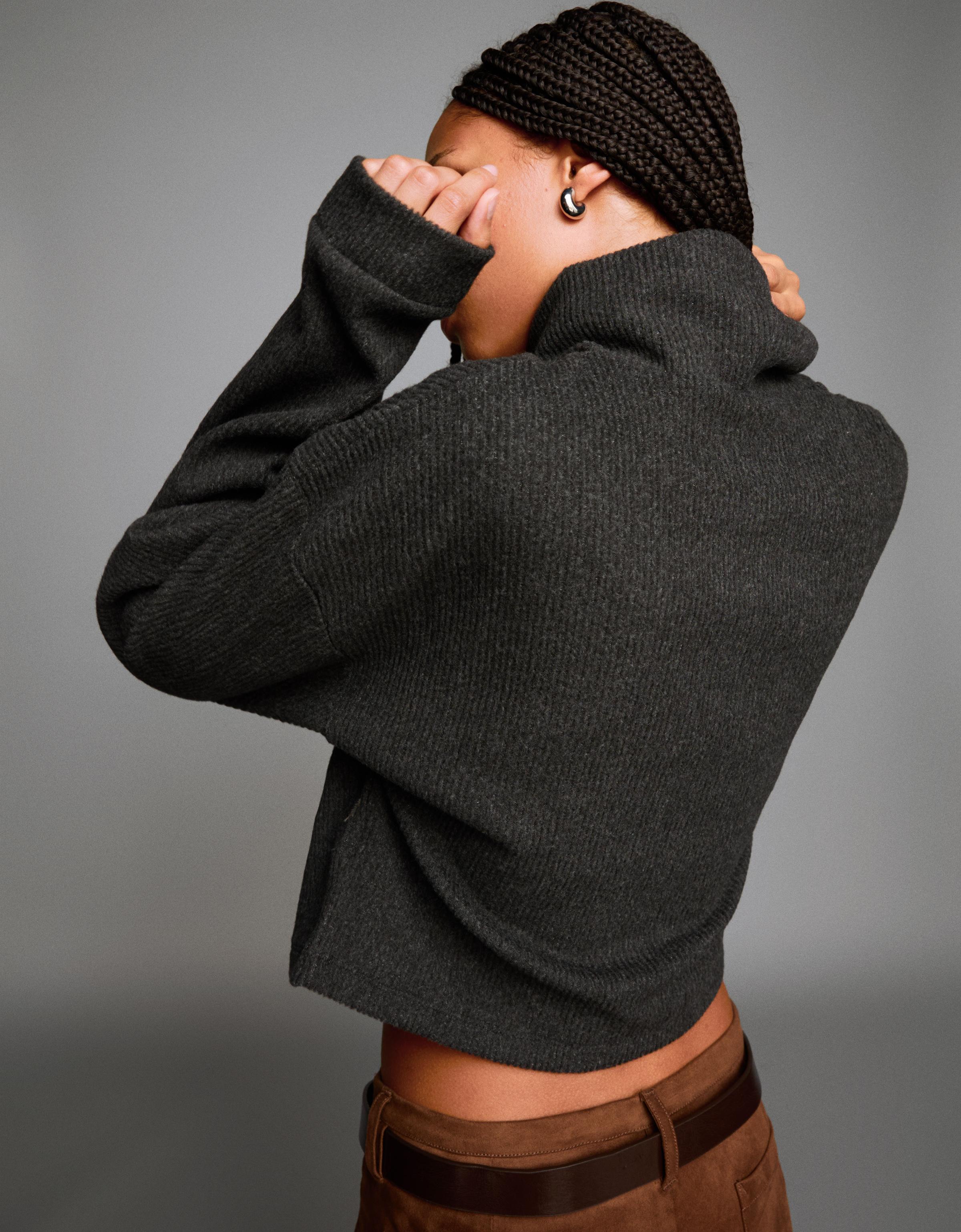 Bershka Gerippter Stehkragenpullover Damen Xxs Dunkelgrau