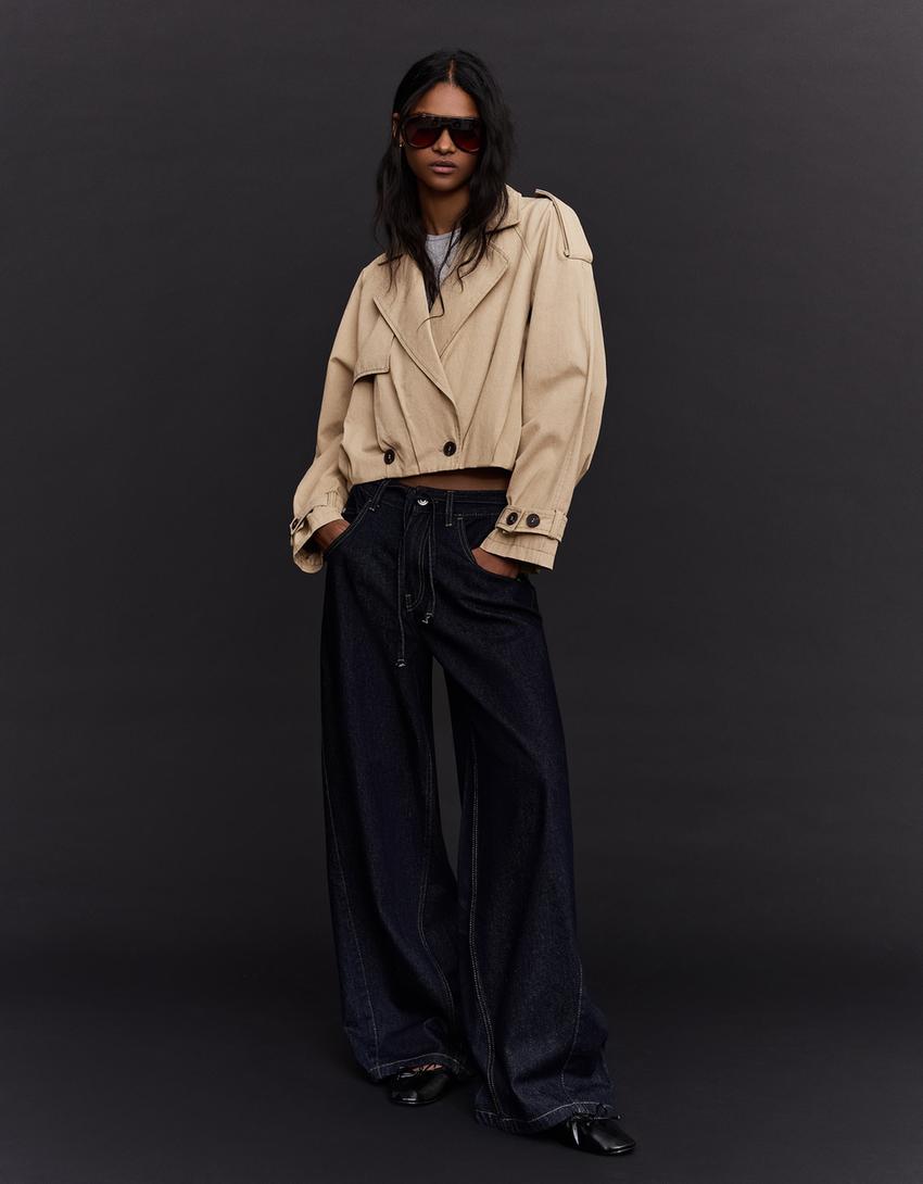 Trench cropped efeito balão-Camelo