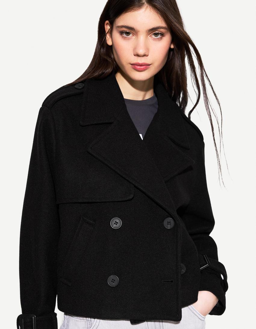 Kort trenchcoat i blødt stof-Sort-1