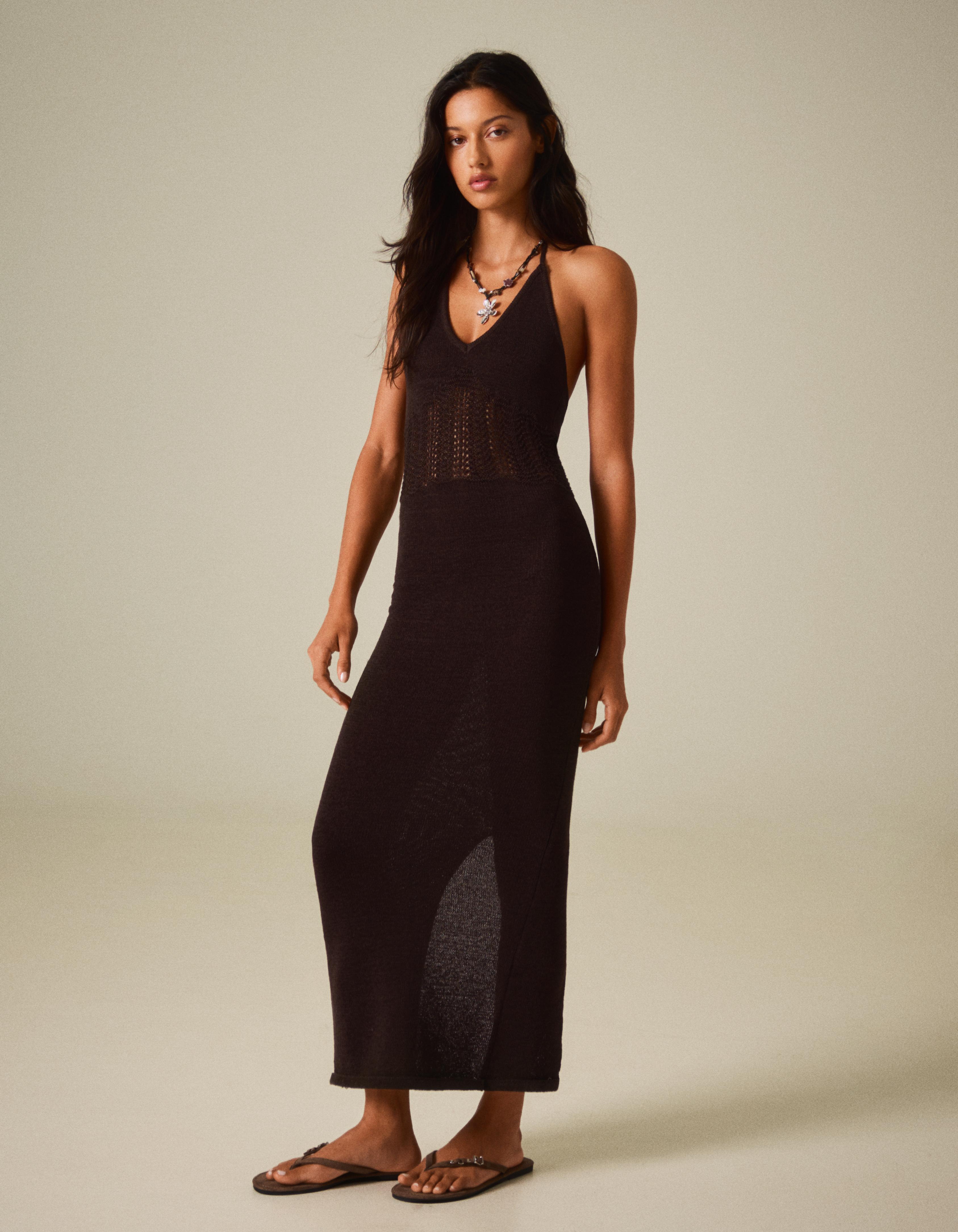 Bershka Vestido Midi Halter Mujer L Marrón