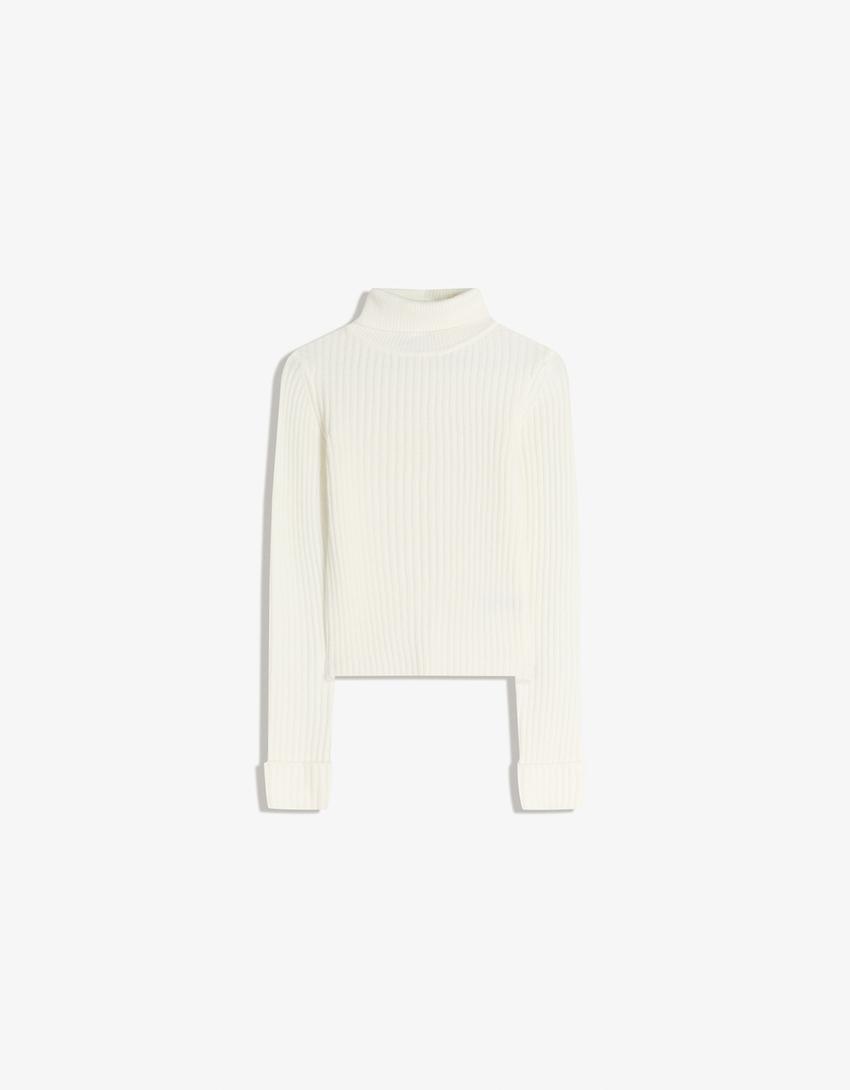 Jersey cuello alto canalé-Crudo