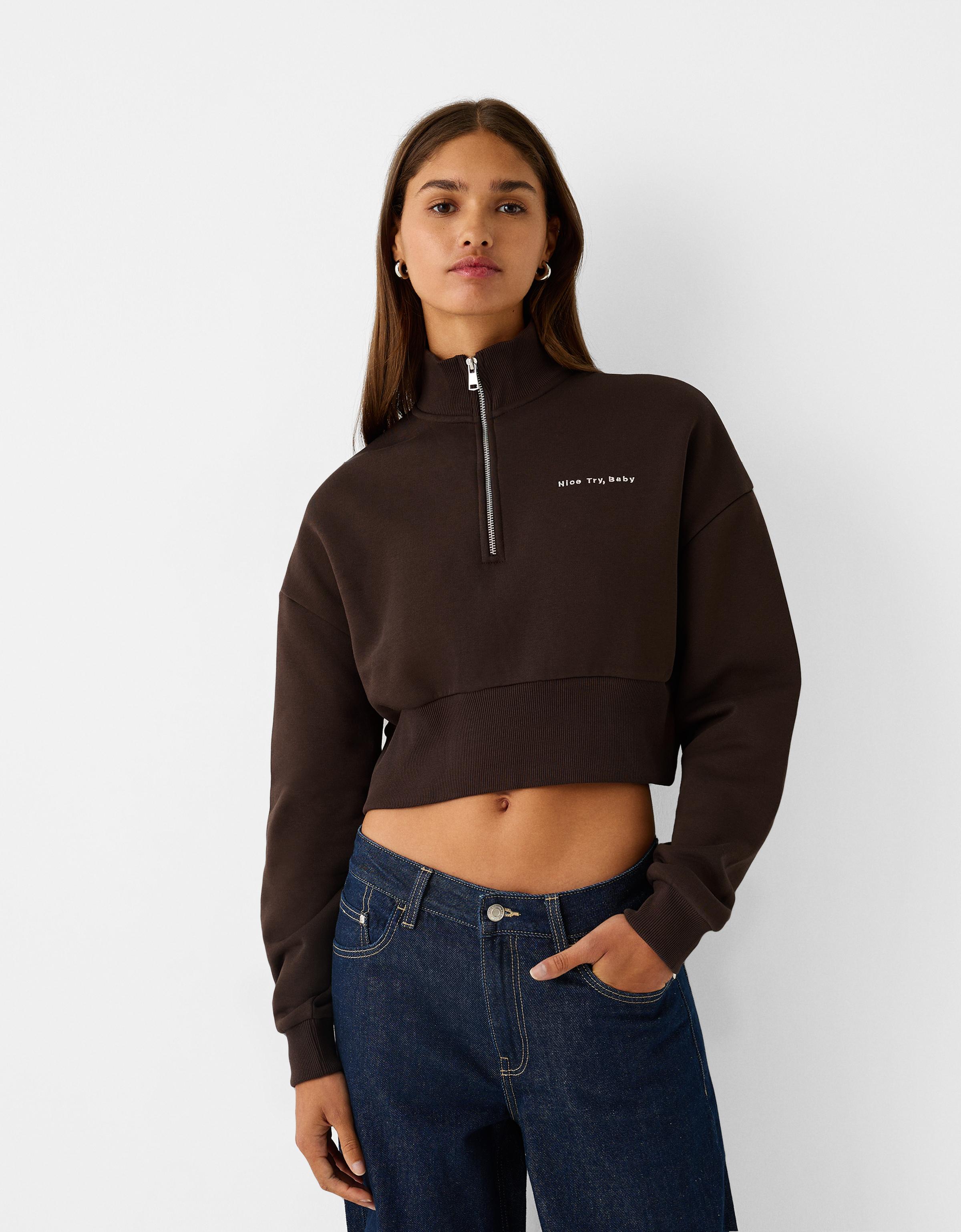 Bershka Sweatshirt Mit Reißverschluss Und Stickerei Damen M Braun