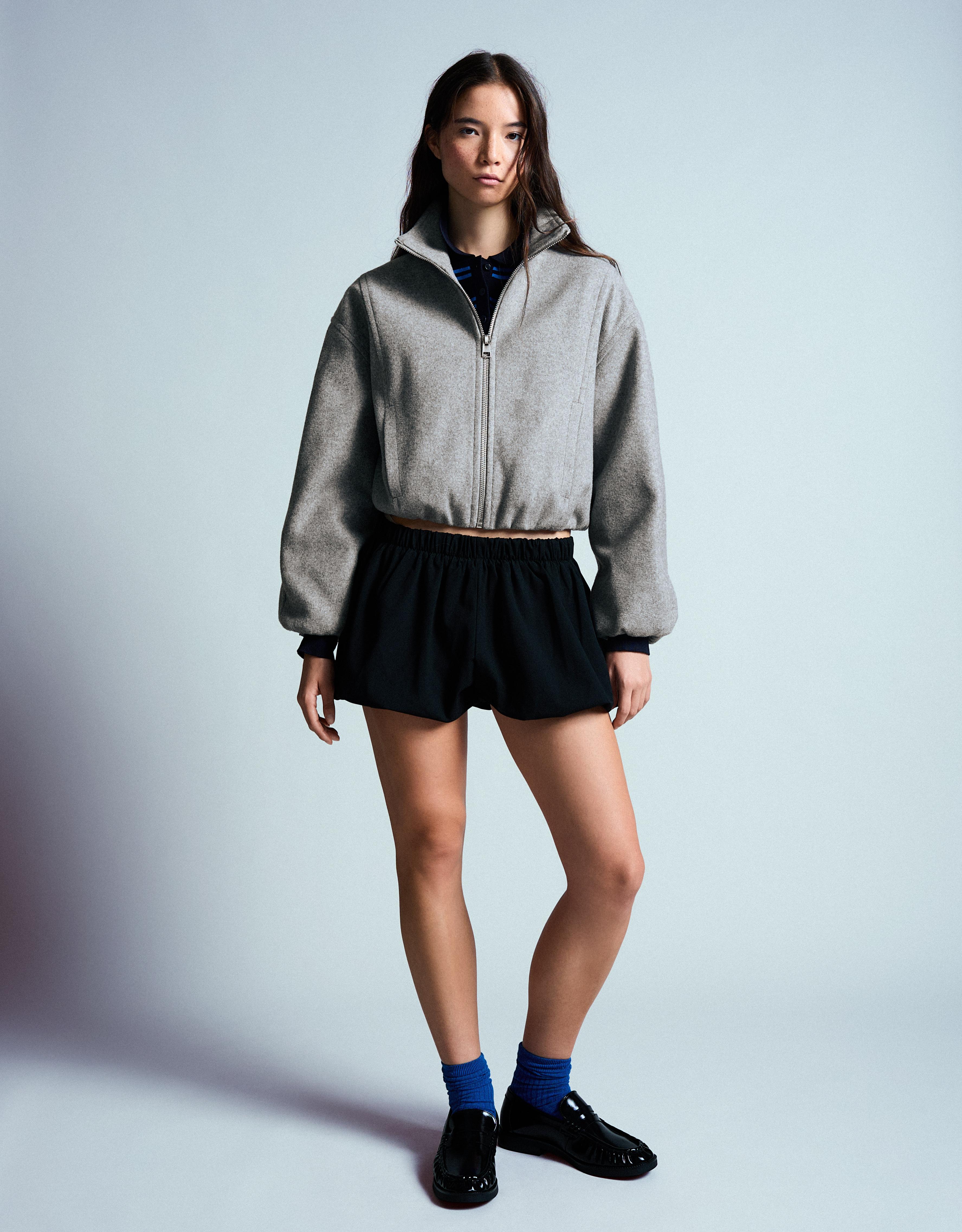 Felt-effect jacket with gathered hem — Grey