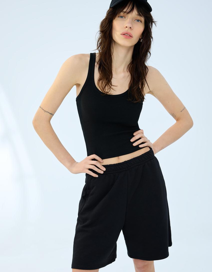 Plush Bermuda shorts with embroidery-Black