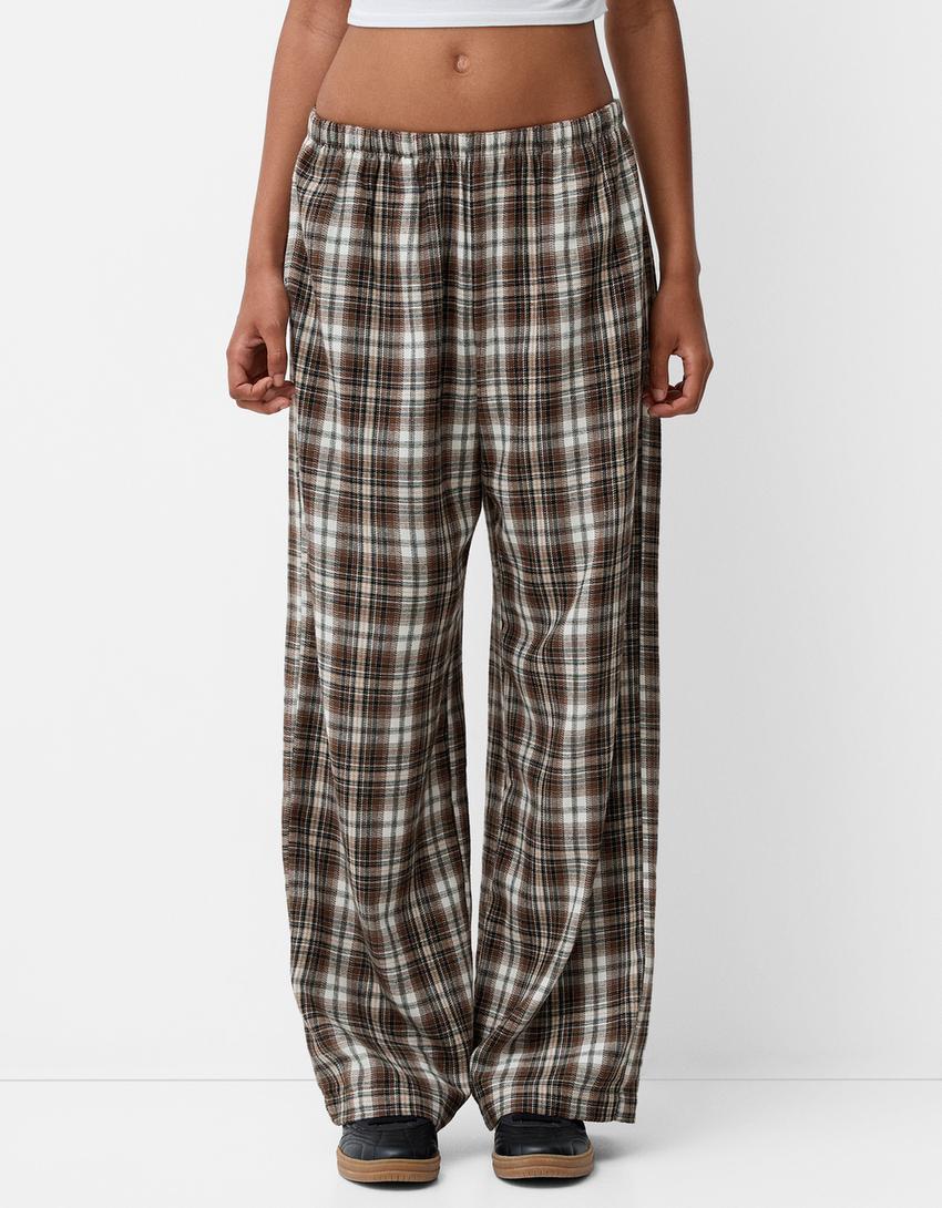 سروال بقصة مستقيمة ونقشة مربعات-بني-1