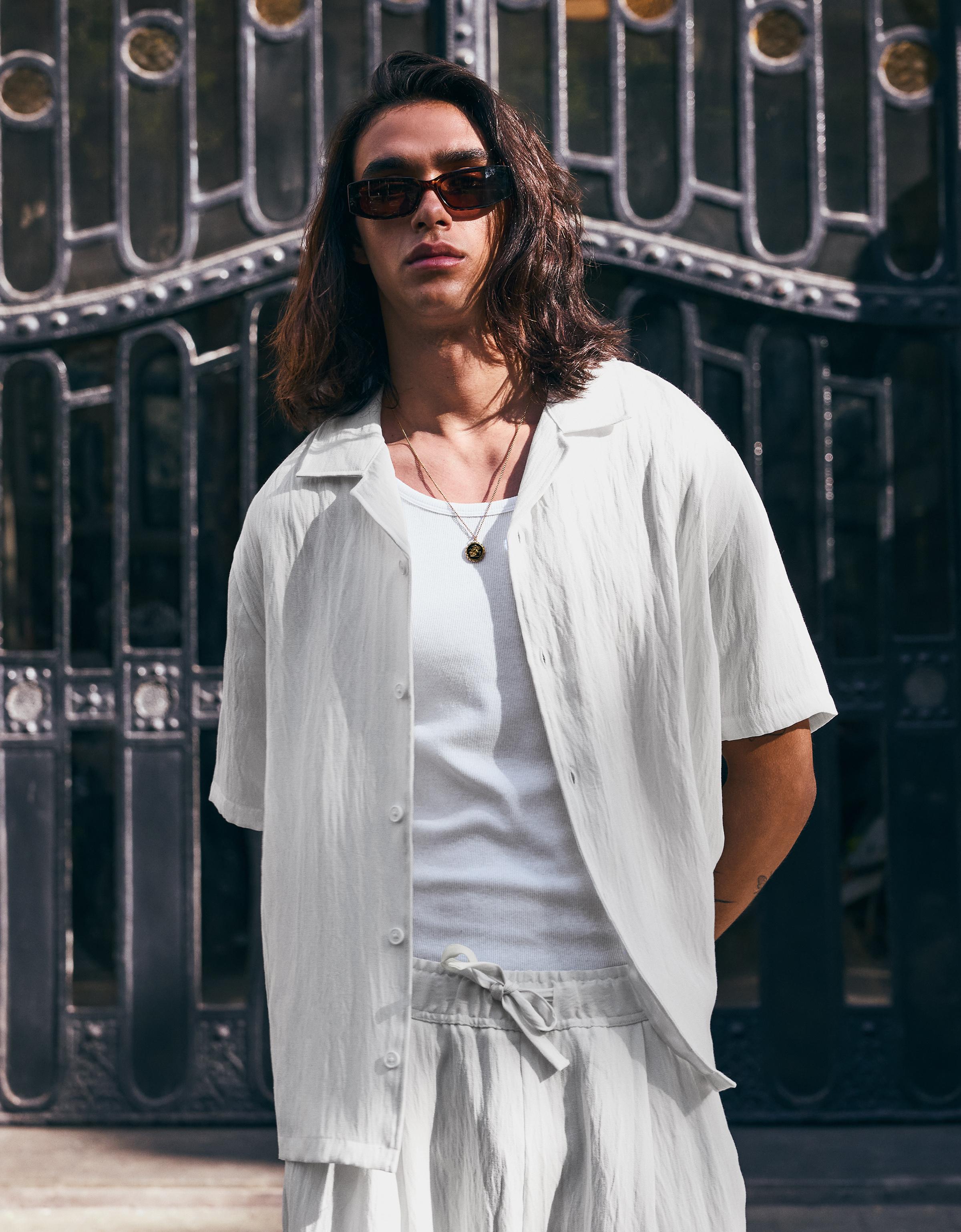 Bershka Camisa Manga Corta Rústica Hombre Blanco