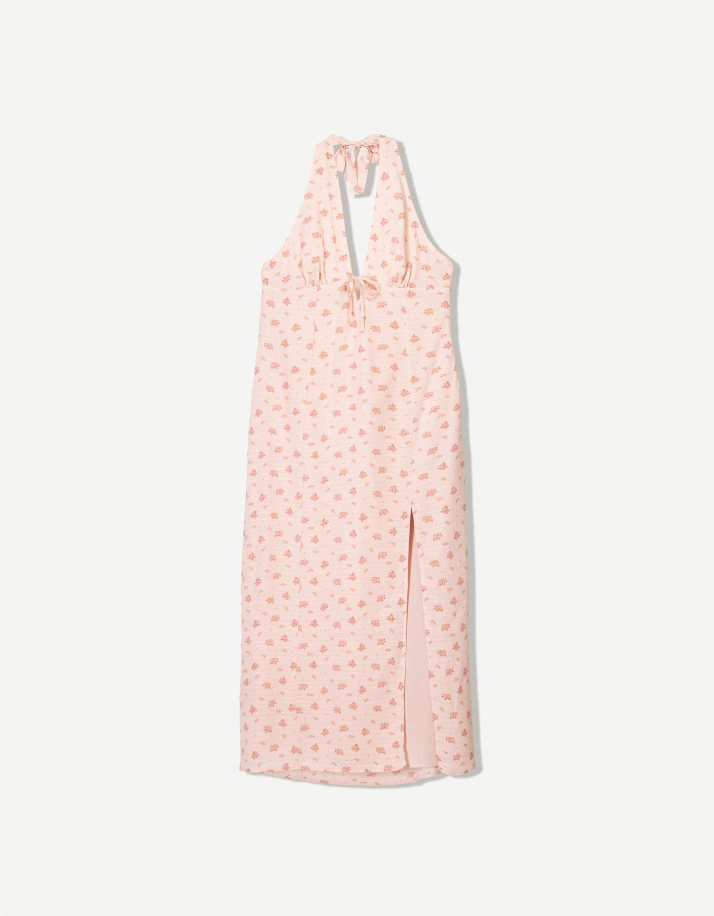 Bershka Vestido Midi Textura Print Mujer L Rosa