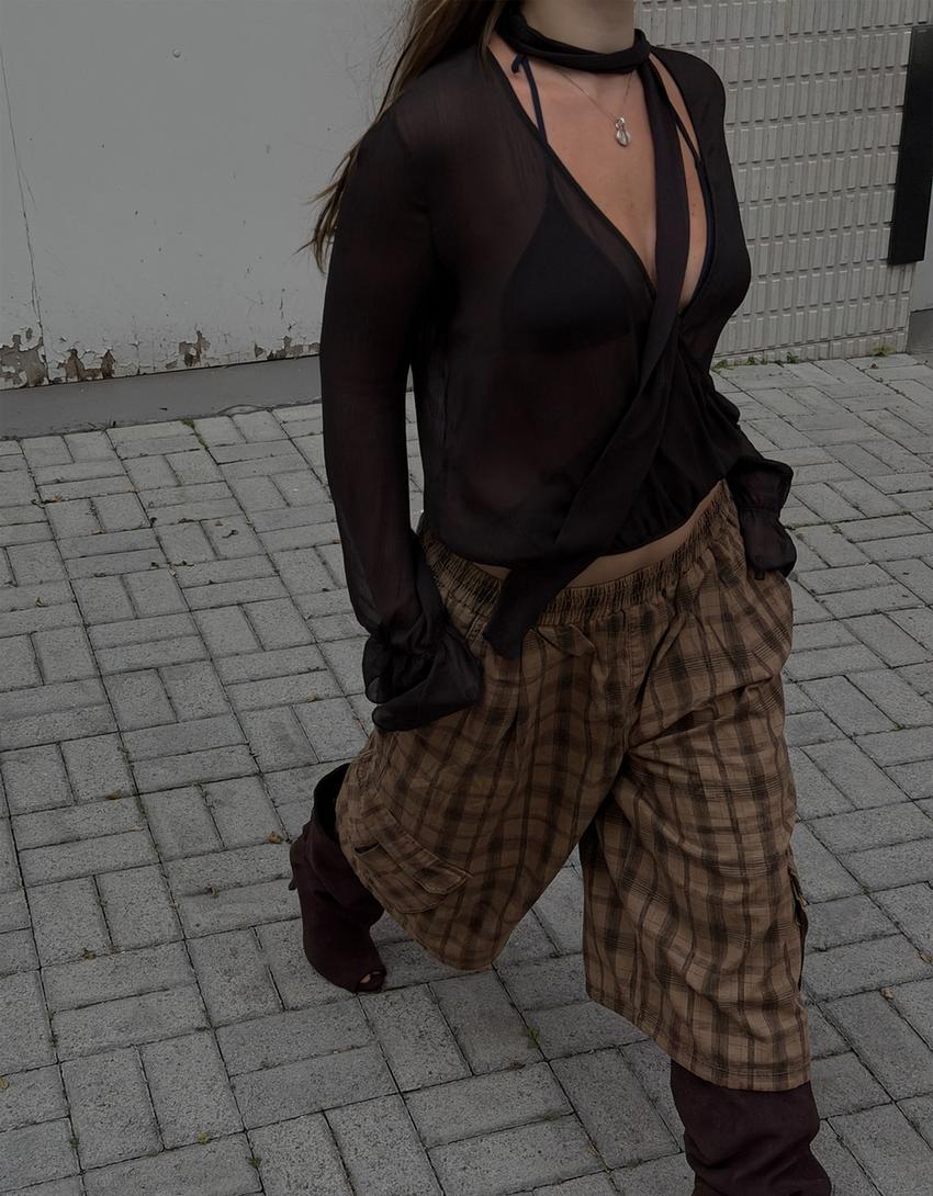 Uzun kollu kruvaze bluz-Kahverengi