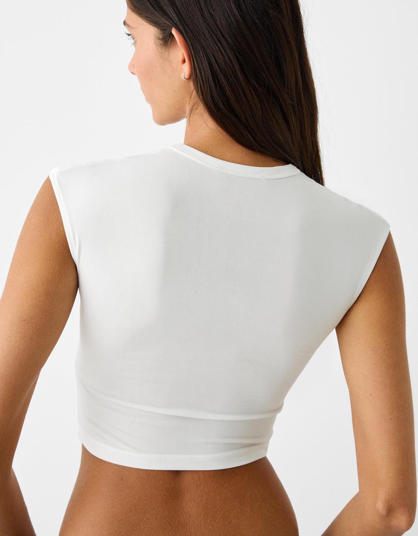 T-shirt cropped manches courtes imprimé-Blanc cassé-5