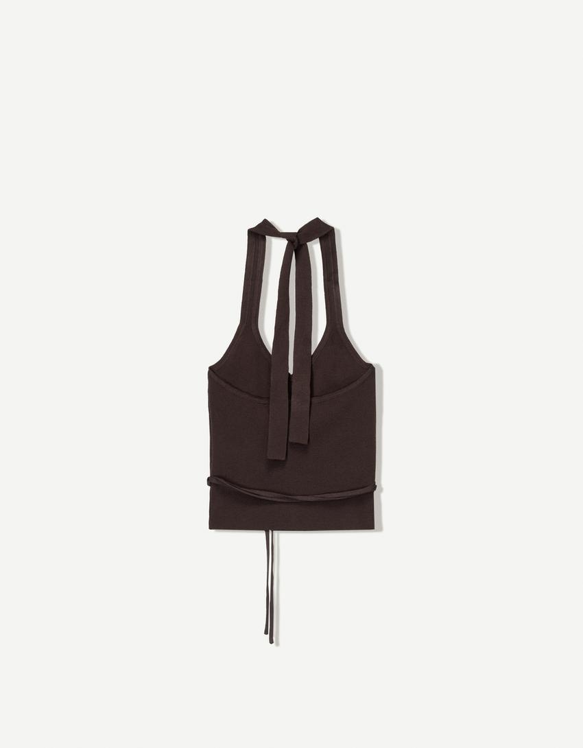 Top z dekoltem halter i kółkiem-Brązowy-4