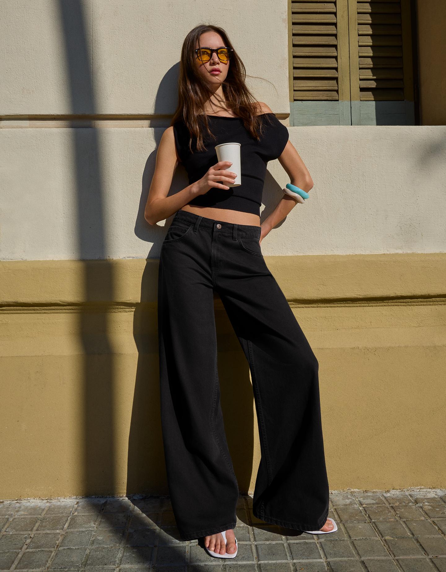 Bershka jeansy wide leg czarny