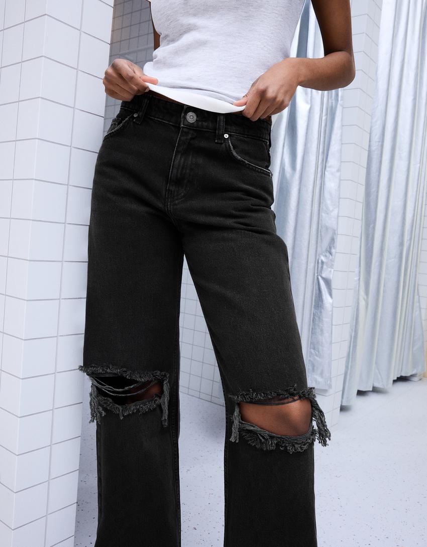 Ripped high-waist wide-leg jeans-Black