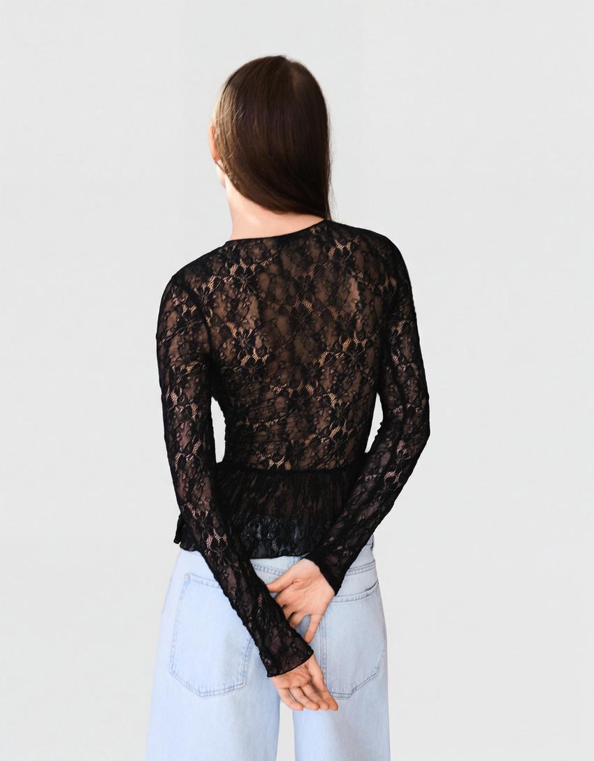 Atasan renda kerut lengan panjang-Hitam