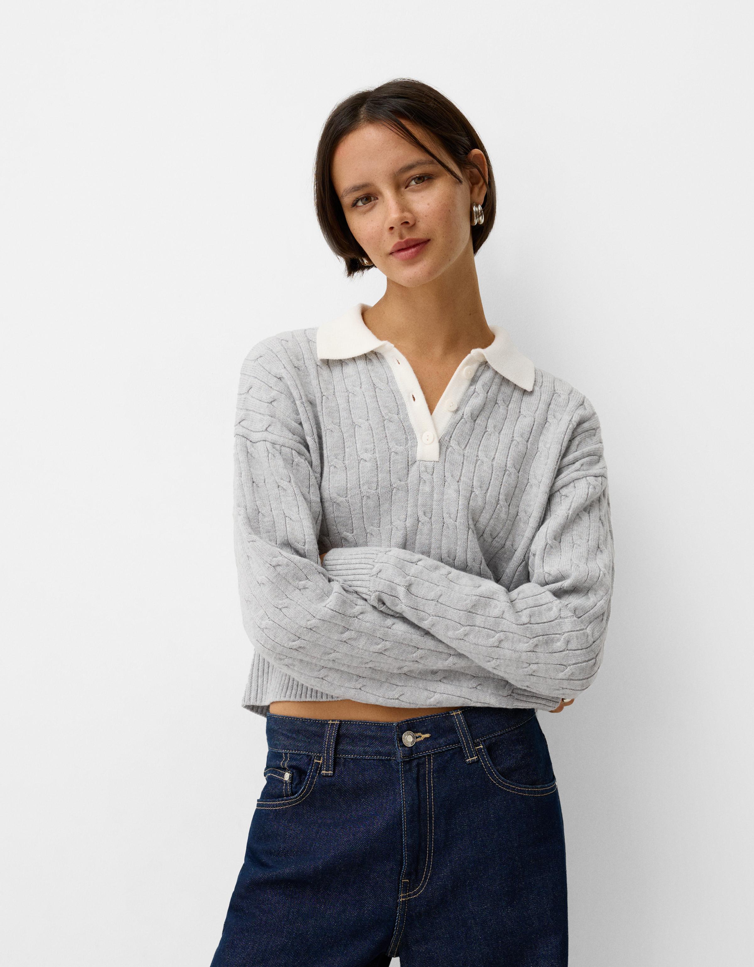 Bershka Pullover Mit Polo-Kragen Und Stickerei Damen Xs Grau