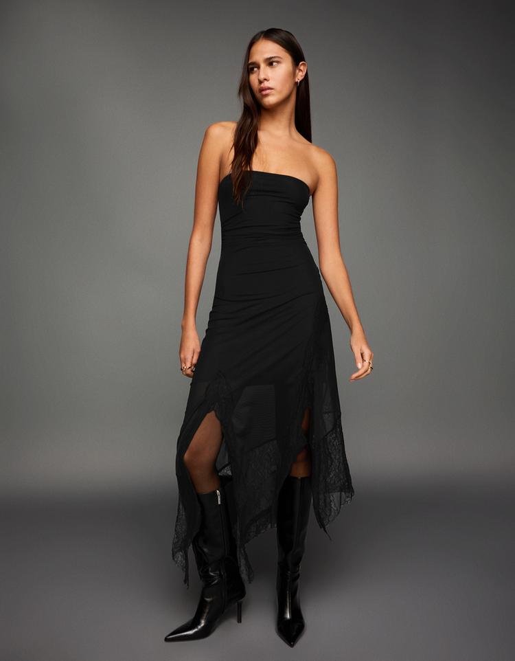 Vestido midi tul bandeau asimétrico lace
