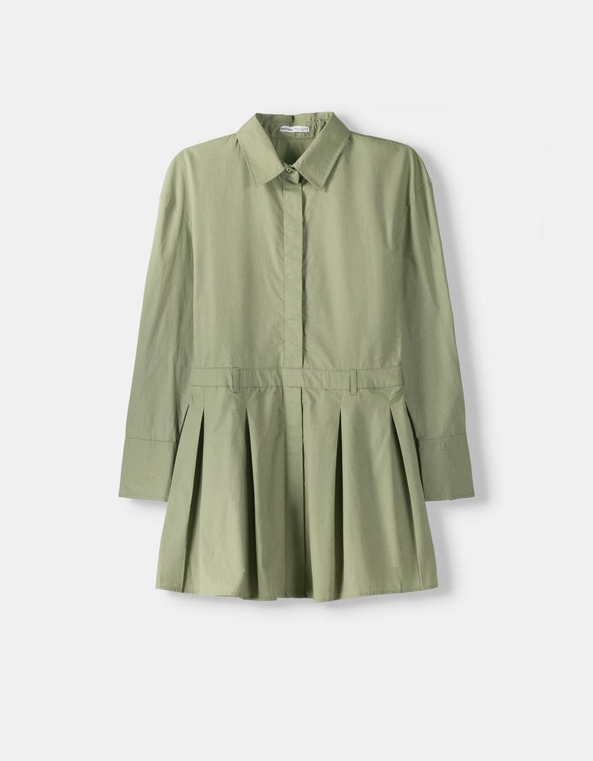 Vestido camiseiro mini popelina pregas cinto-Caqui-4