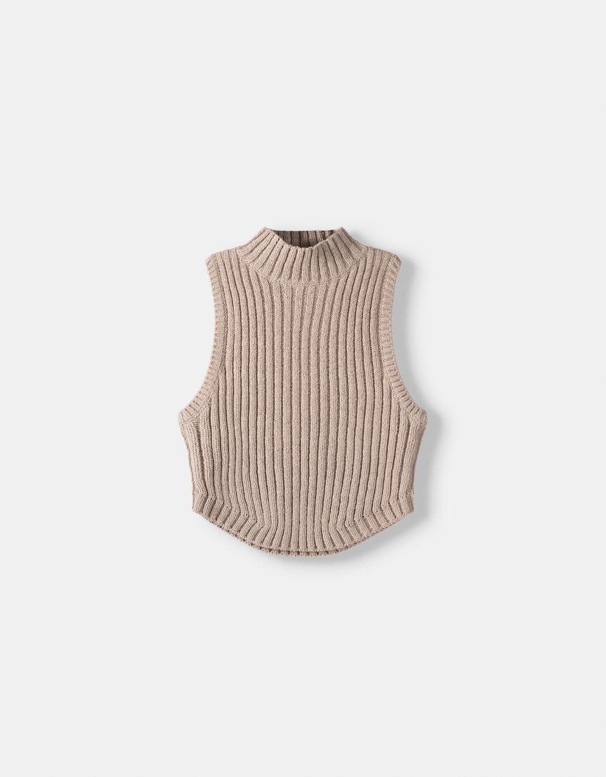 Sleeveless rustic ribbed mock turtleneck top-Pink