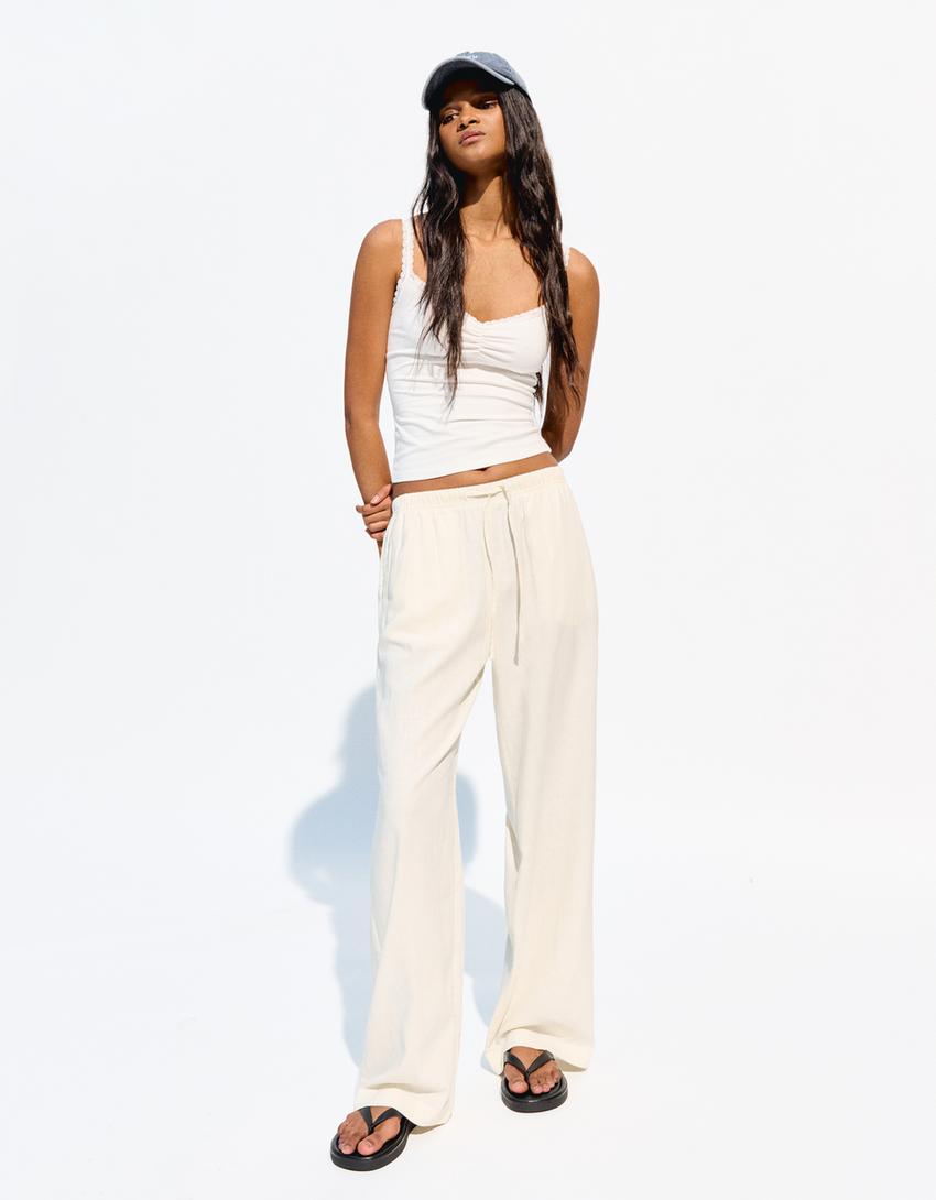 Pantaloni cu in, cu elastic în talie-Galben