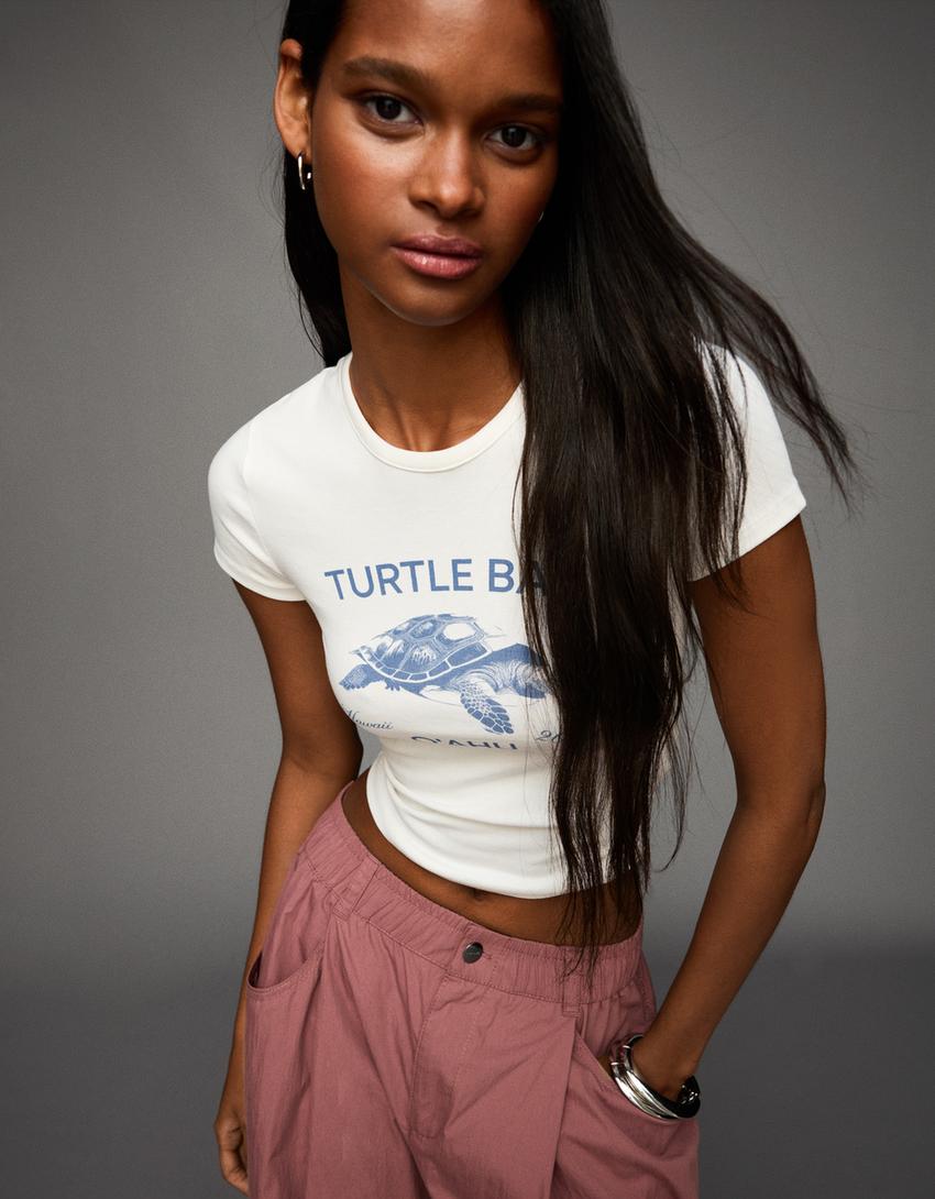 T-shirt manches courtes imprimé-Blanc cassé