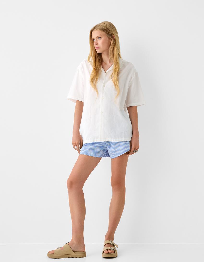 قميص قطني بأكمام قصيرة وملمس بارز-أبيض مطفي-3