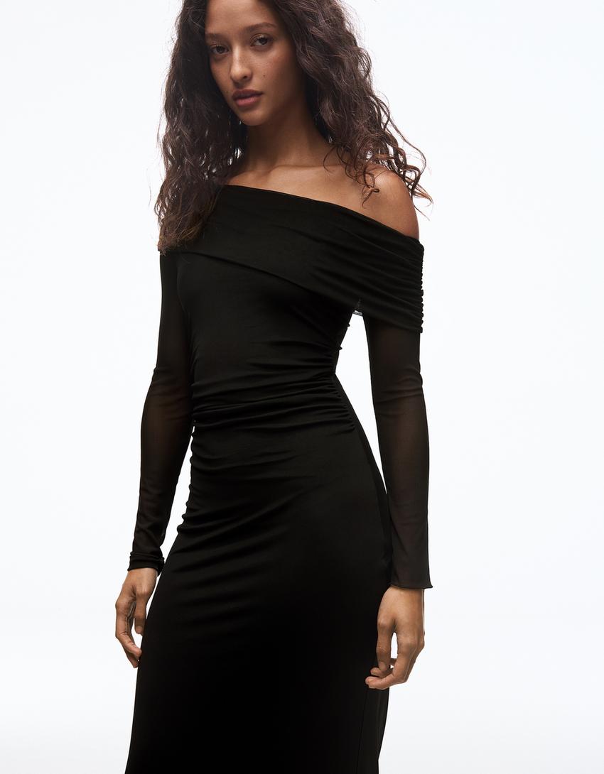 Robe midi manches longues bardot tulle imprimé-Noir