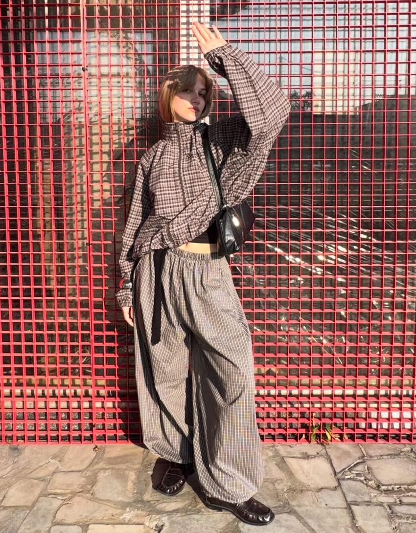 Oversize check zip-up jacket-Brown