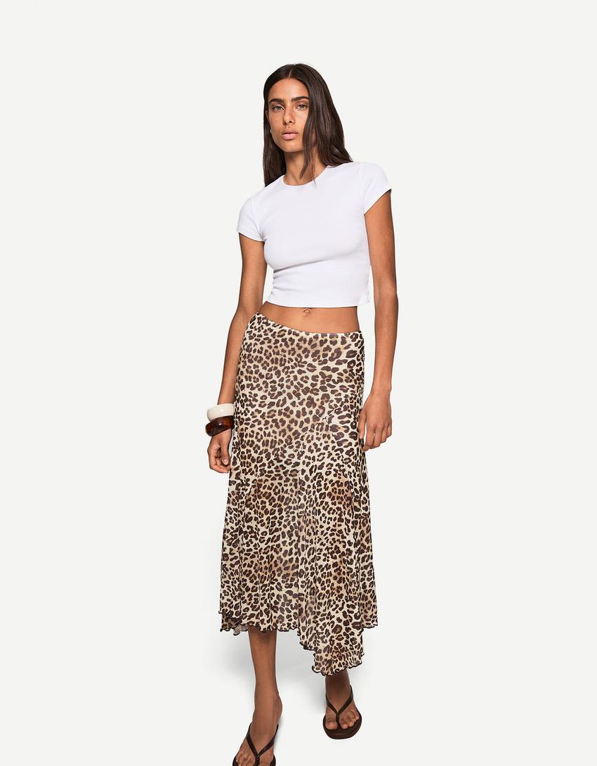 Tulle printed midi skirt with ruffles-Cream