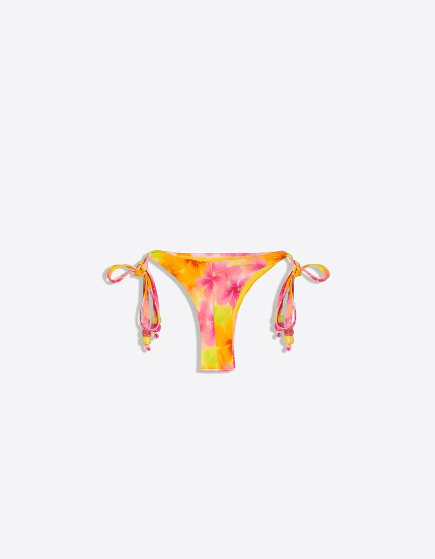 Bas de bikini string à fleurs-Orange