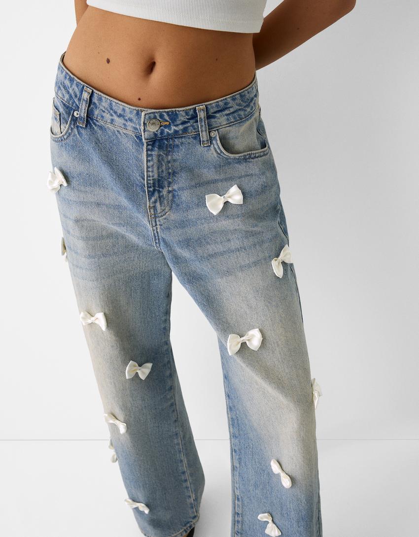 Baggy jeans with bows-Light blue-3