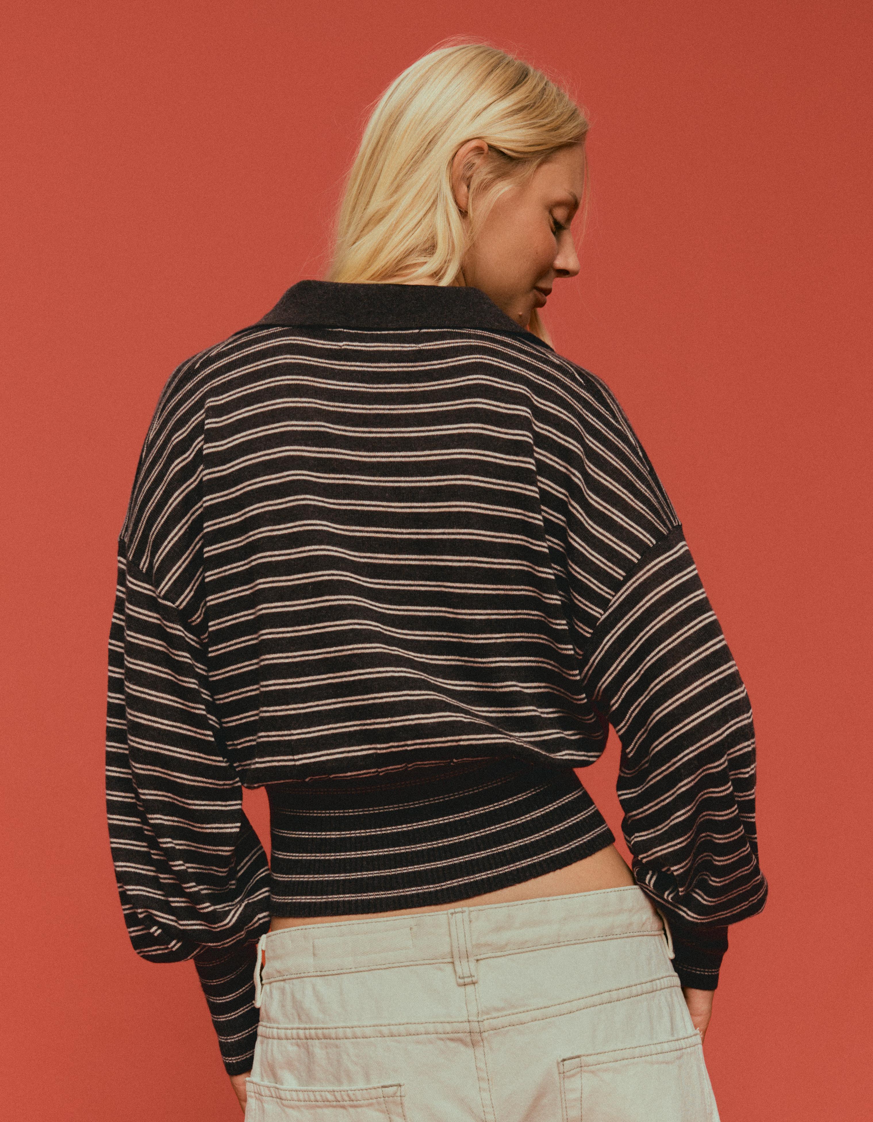 Ribbed polo collar jumper — Brown